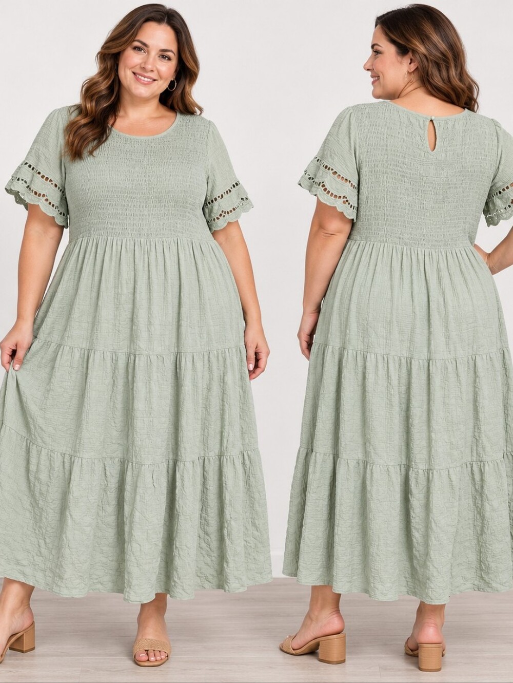 BloomChic 22/24W Sage Green Tiered Maxi Dress Cottagecore Boho Coastal Casual
